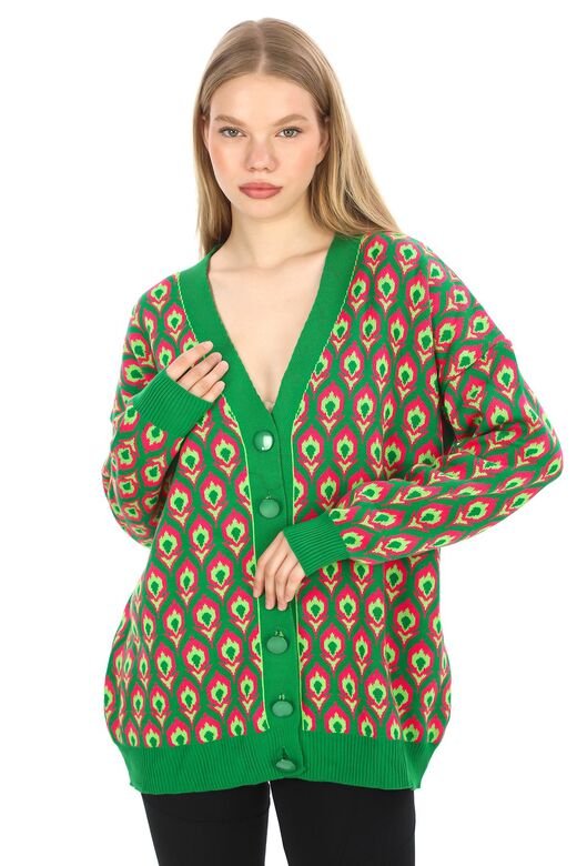 Triko Desenli  Düğmeli Oversize  Hırka