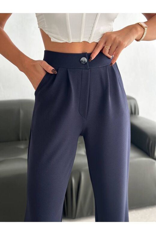Geniş Paça Beli  Lastikli Düğmeli Palazzo Pantolon