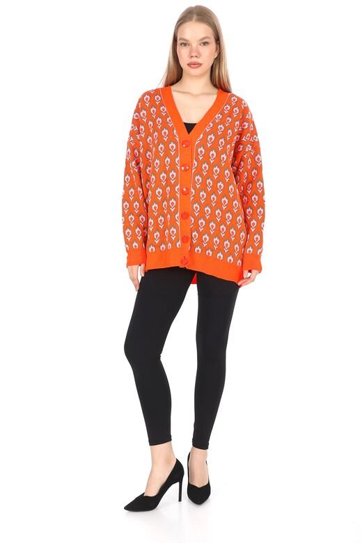 Triko Desenli  Düğmeli Oversize  Hırka