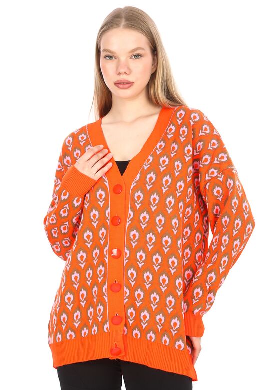 Triko Desenli  Düğmeli Oversize  Hırka