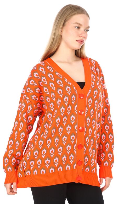 Triko Desenli  Düğmeli Oversize  Hırka