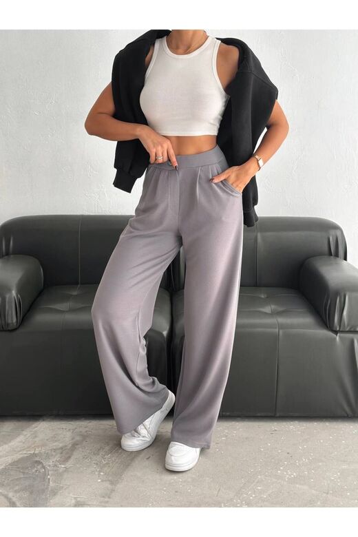 Geniş Paça Beli  Lastikli Düğmeli Palazzo Pantolon