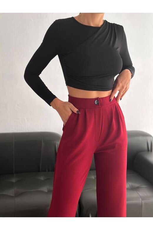 Geniş Paça Beli  Lastikli Düğmeli Palazzo Pantolon