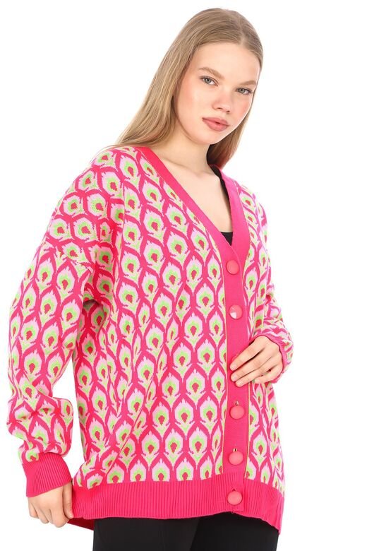 Triko Desenli  Düğmeli Oversize  Hırka