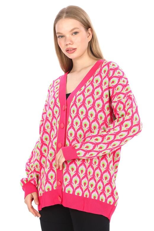 Triko Desenli  Düğmeli Oversize  Hırka