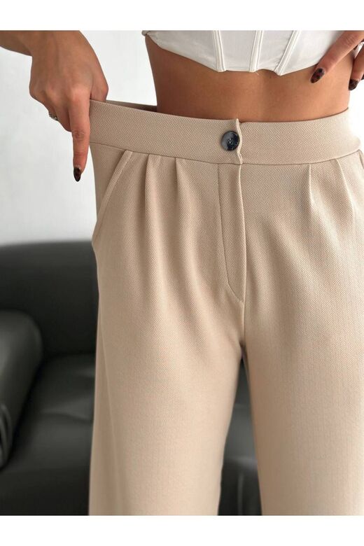 Geniş Paça Beli  Lastikli Düğmeli Palazzo Pantolon