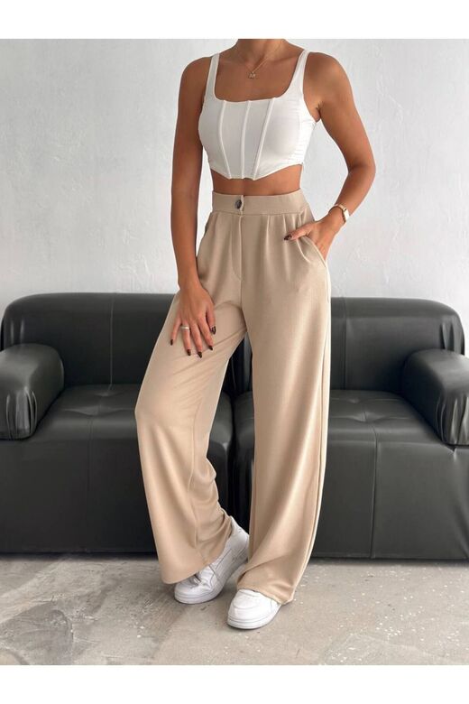 Geniş Paça Beli  Lastikli Düğmeli Palazzo Pantolon