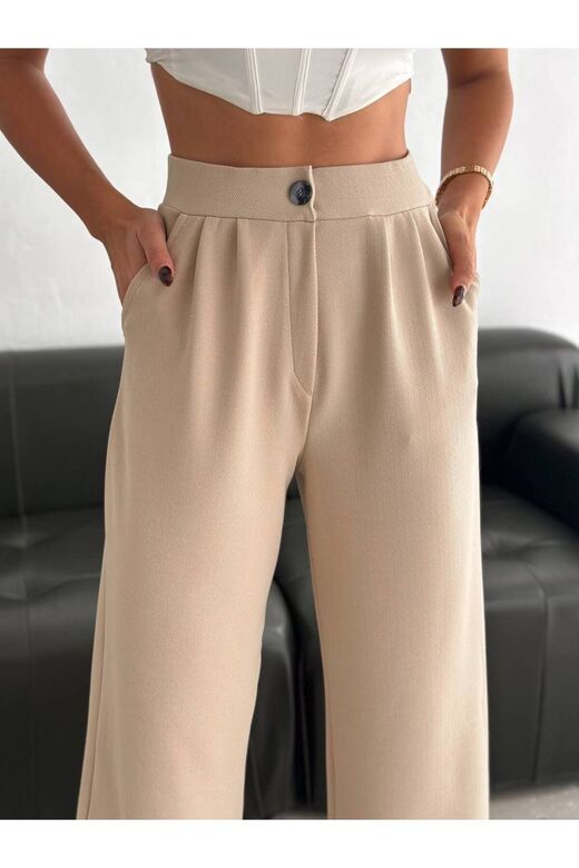 Geniş Paça Beli  Lastikli Düğmeli Palazzo Pantolon