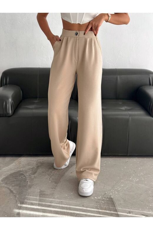 Geniş Paça Beli  Lastikli Düğmeli Palazzo Pantolon