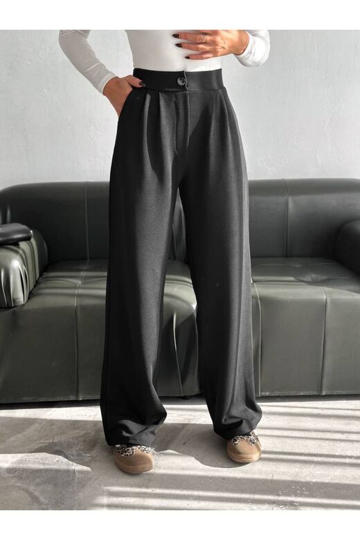 Geniş Paça Beli  Lastikli Düğmeli Palazzo Pantolon