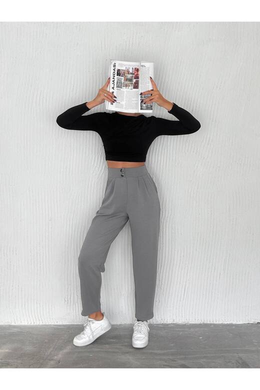KREP SÜS DÜĞMELİ BELİ LASTİKLİ HAVUÇ KALIP PANTOLON