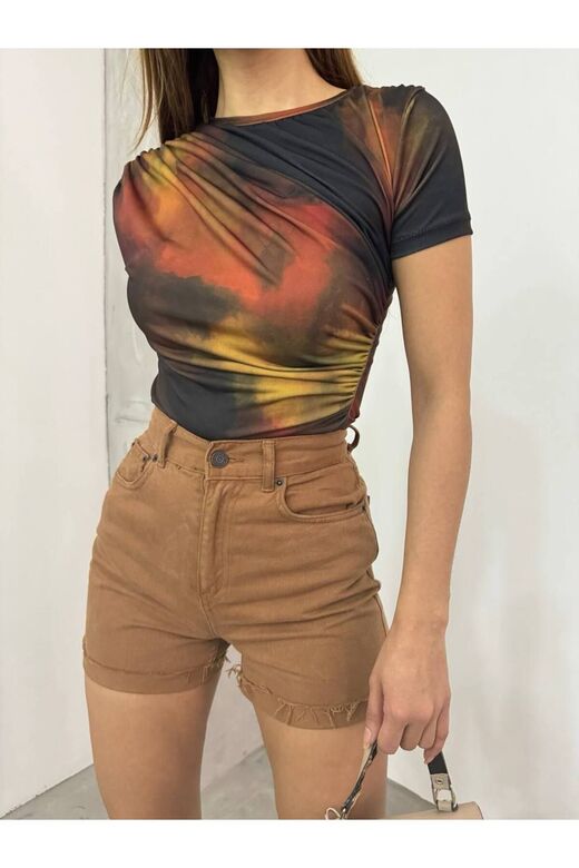 Drabe Yaka Batik Sarı Bluz