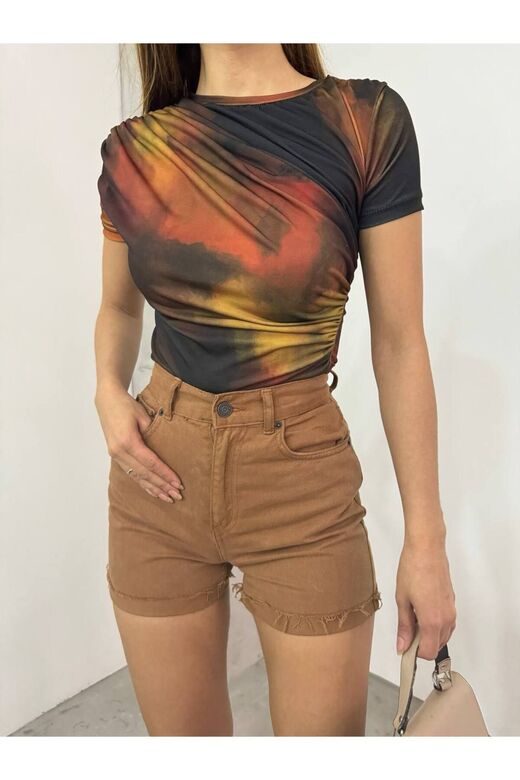 Drabe Yaka Batik Sarı Bluz