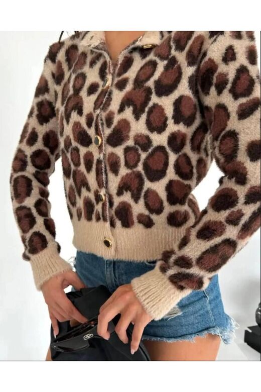 Leopar Desen Düğmeli Yumuşak Crop Hırka