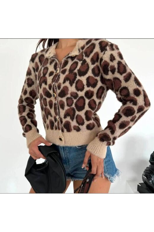 Leopar Desen Düğmeli Yumuşak Crop Hırka