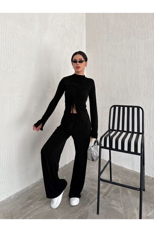 Sandy Kumaş Körüklü Bluz Pantolon İkili Takım