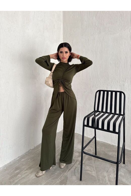 Sandy Kumaş Körüklü Bluz Pantolon İkili Takım