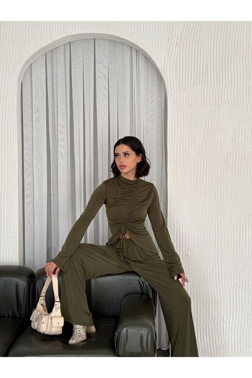 Sandy Kumaş Körüklü Bluz Pantolon İkili Takım