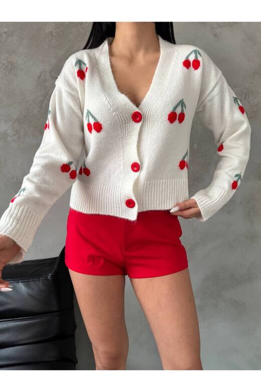 KİRAZ ÖRME DETAYLI DÜĞMELİ  TRİKO CROP HIRKA