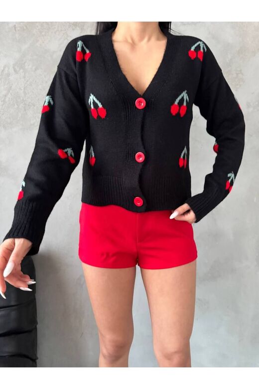 Kiraz Örme Detaylı Düğmeli  Triko Crop Hırka