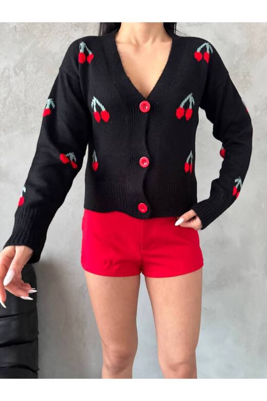 KİRAZ ÖRME DETAYLI DÜĞMELİ  TRİKO CROP HIRKA
