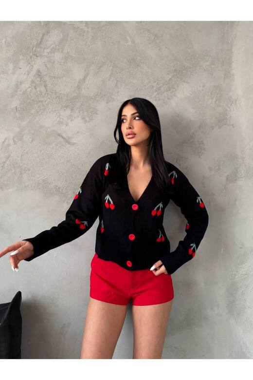 KİRAZ ÖRME DETAYLI DÜĞMELİ  TRİKO CROP HIRKA