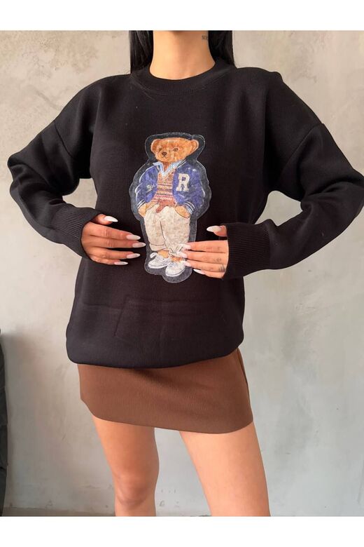 Nakışlı Oversize Ayıcıkıklı Triko Kazak