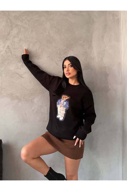 Nakışlı Oversize Ayıcıkıklı Triko Kazak