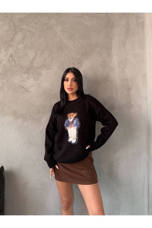 Nakışlı Oversize Ayıcıkıklı Triko Kazak