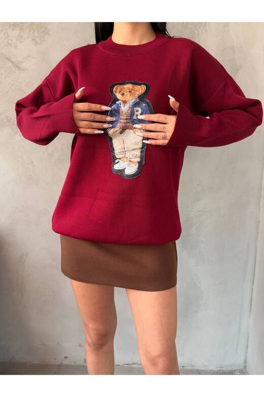 Nakışlı Oversize Ayıcıkıklı Triko Kazak