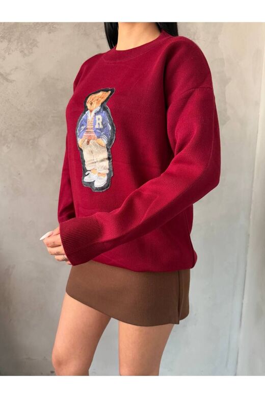 Nakışlı Oversize Ayıcıkıklı Triko Kazak