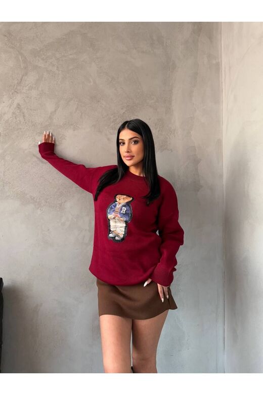 Nakışlı Oversize Ayıcıkıklı Triko Kazak
