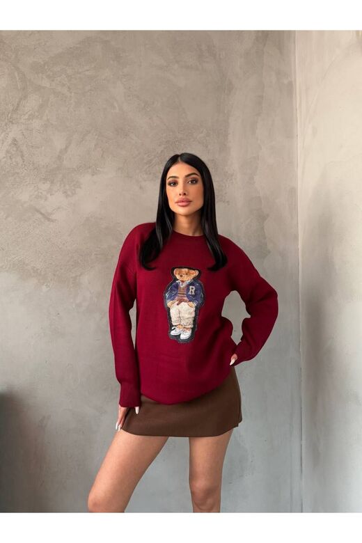 Nakışlı Oversize Ayıcıkıklı Triko Kazak