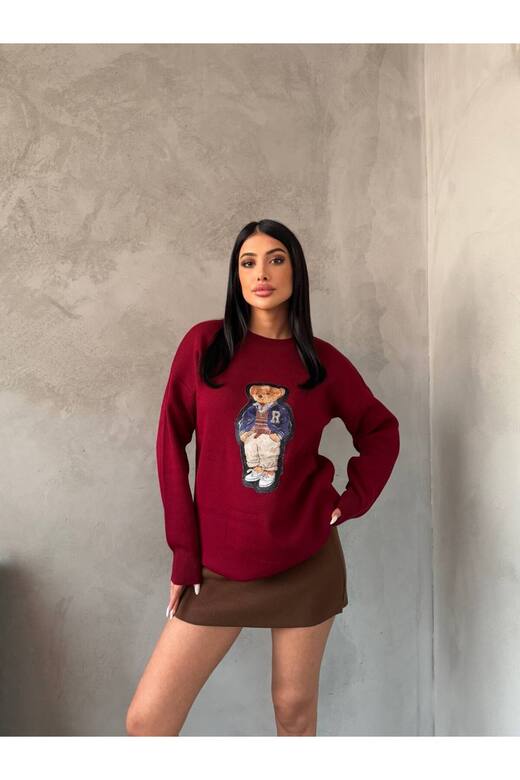 NAKIŞLI OVERSİZE AYICIKIKLI TRİKO KAZAK