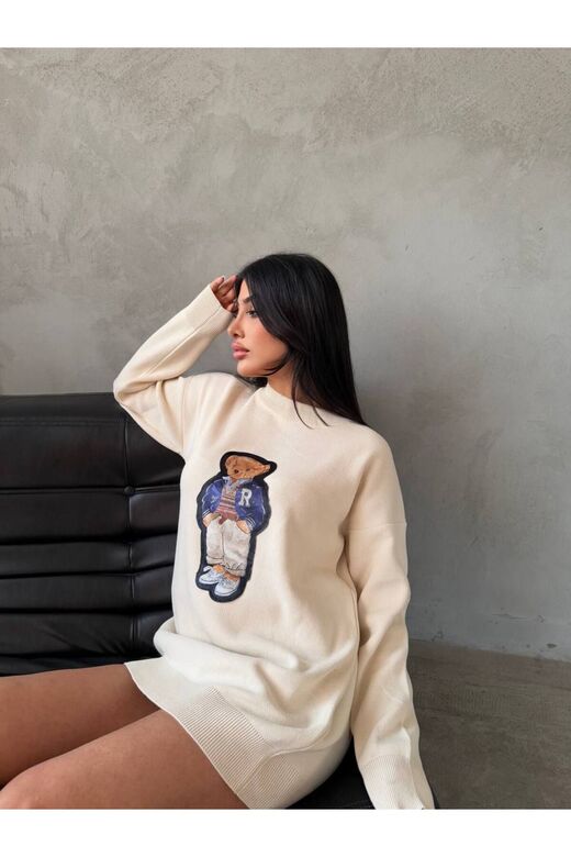 Nakışlı Oversize Ayıcıkıklı Triko Kazak