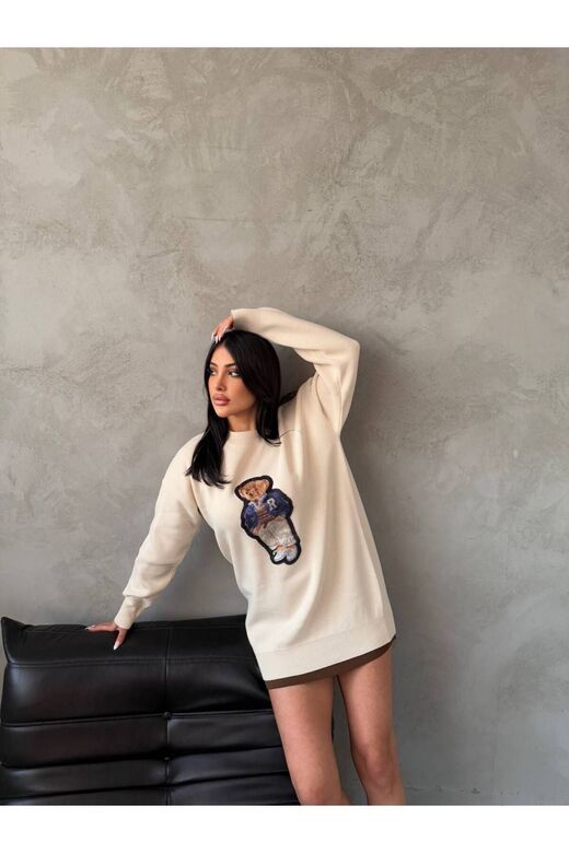 Nakışlı Oversize Ayıcıkıklı Triko Kazak