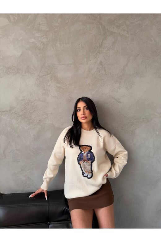 Nakışlı Oversize Ayıcıkıklı Triko Kazak