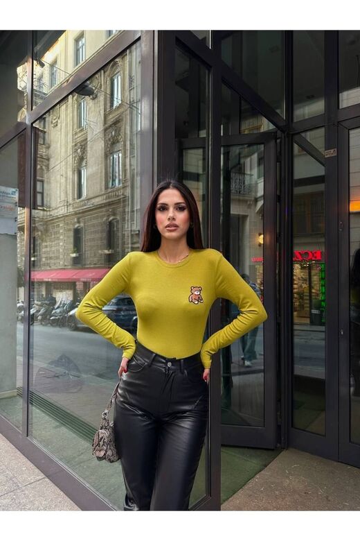 Bisiklet Yaka Yeşil Uzun Kollu Teddy Baskılı Bluz