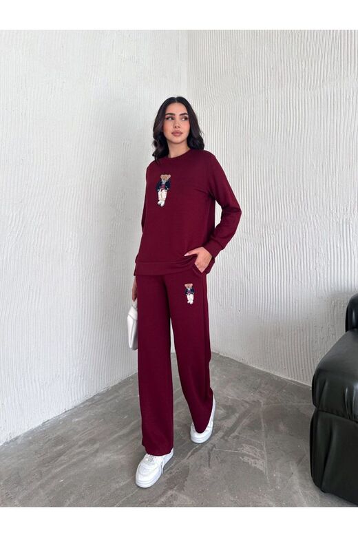 Teddy Nakışlı Modal Fgeniş Paça Eşofman Takım