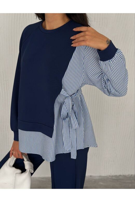 Poplin Bağlamalı Çizgi Detaylı Oversize Modal Kumaş Takım