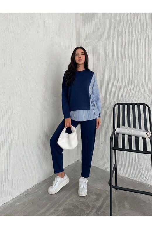 Poplin Bağlamalı Çizgi Detaylı Oversize Modal Kumaş Takım