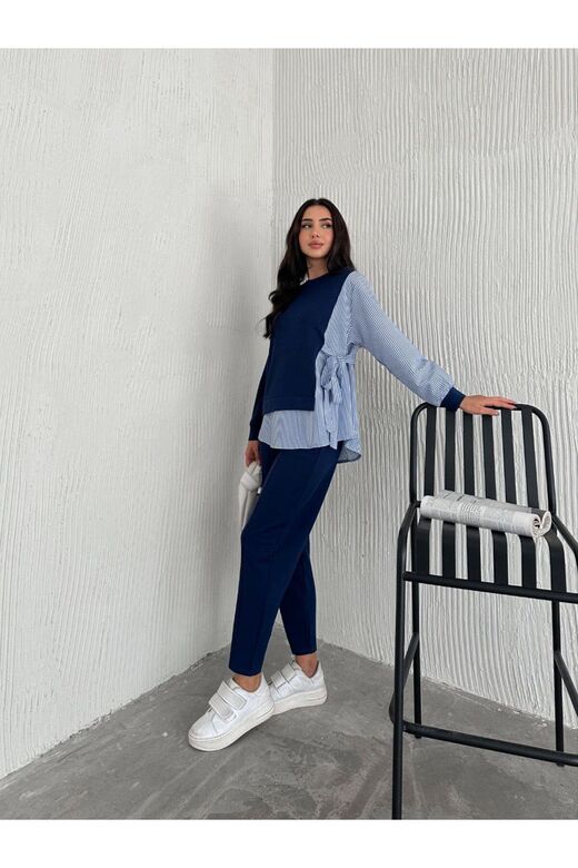 Poplin Bağlamalı Çizgi Detaylı Oversize Modal Kumaş Takım