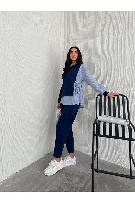 POPLİN BAĞLAMALI ÇİZGİ DETAYLI OVERSİZE MODAL KUMAŞ TAKIM