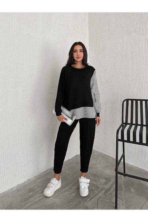 Poplin Bağlamalı Çizgi Detaylı Oversize Modal Kumaş Takım