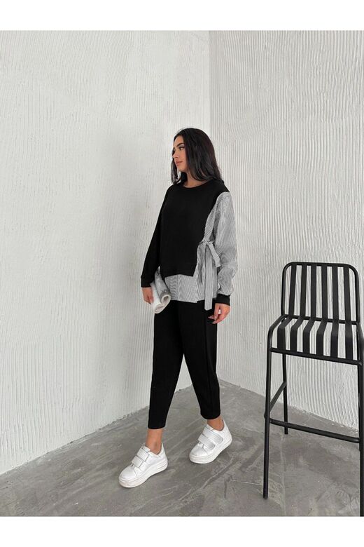 Poplin Bağlamalı Çizgi Detaylı Oversize Modal Kumaş Takım