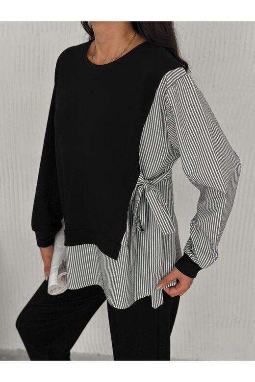 Poplin Bağlamalı Çizgi Detaylı Oversize Modal Kumaş Takım