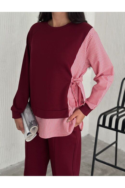 Poplin Bağlamalı Çizgi Detaylı Oversize Modal Kumaş Takım