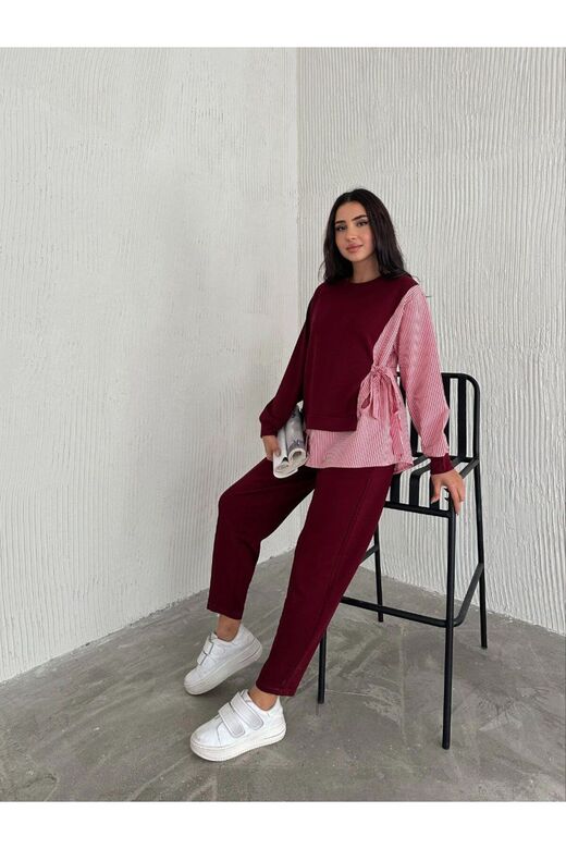 Poplin Bağlamalı Çizgi Detaylı Oversize Modal Kumaş Takım