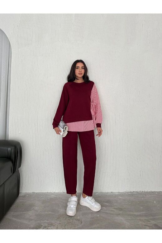 Poplin Bağlamalı Çizgi Detaylı Oversize Modal Kumaş Takım