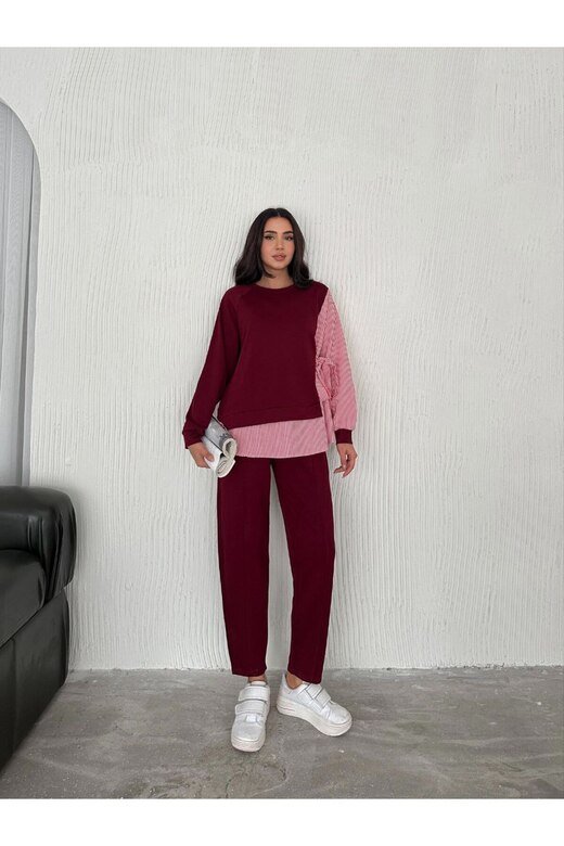 POPLİN BAĞLAMALI ÇİZGİ DETAYLI OVERSİZE MODAL KUMAŞ TAKIM